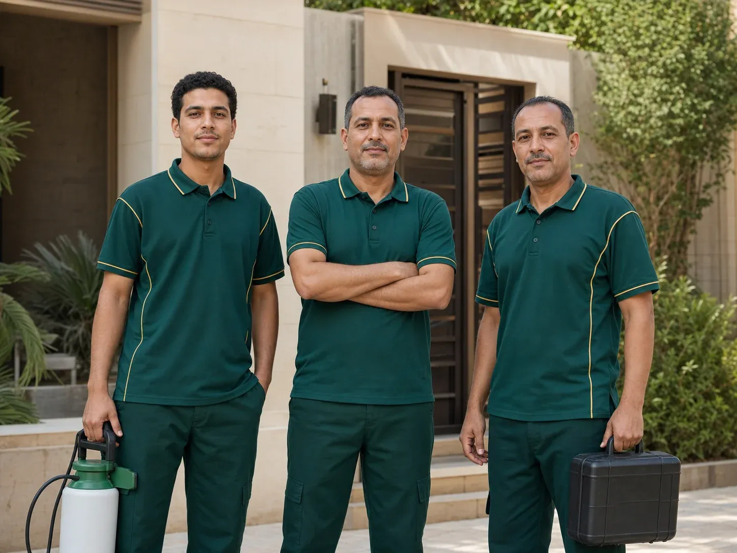 فريق فنيي الشركة بزي العمل الأخضر والمعدات الاحترافية